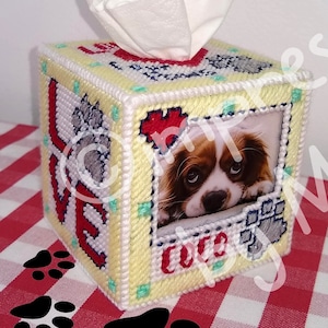 Plastic Canvas Tissue Box Cover/Topper paw pet dog cat quotes personalized picture frame (PDF Pattern, instant digital download)