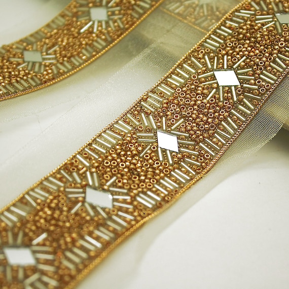 GOLD BEADED Trim With Beads Beaded Ribbon Fabric Mirror Trim Ribbon - Etsy