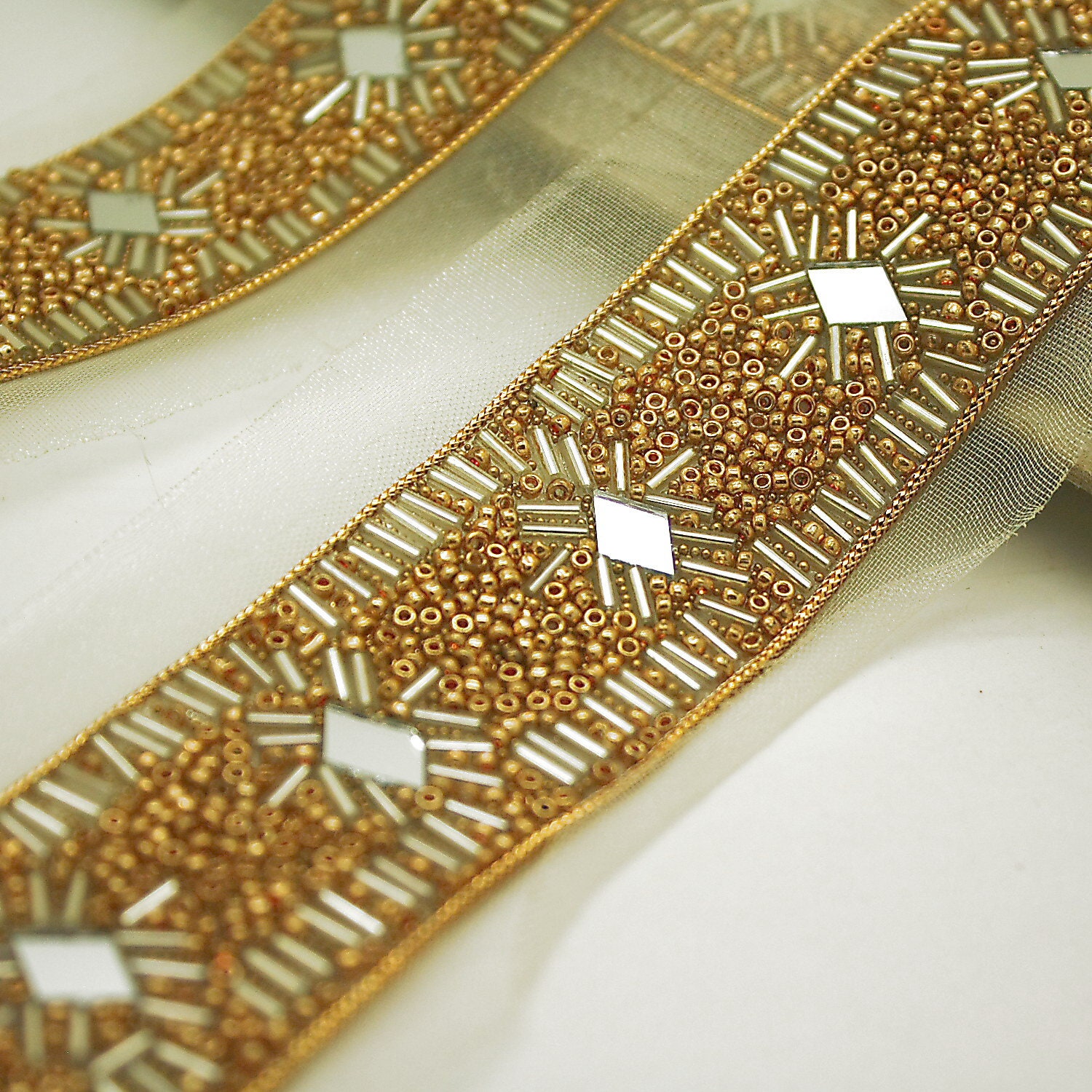 GOLD BEADED Trim With Beads Beaded Ribbon Fabric Mirror Trim 