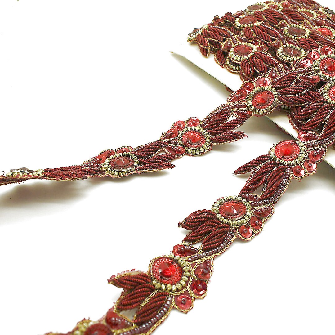 MAROON Rhinestone FLORAL Trim With Beads Maroon Sequin Trim Maroon ...