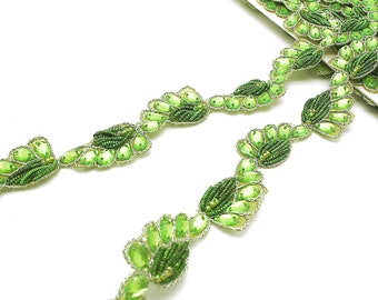 LIME GREEN rhinestone paisley FLORAL trim