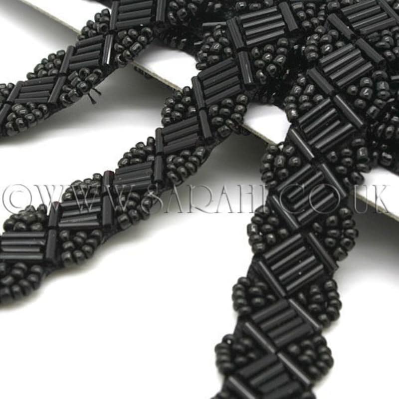 Matte Black Hand Beaded Applique MOTIF-090/1 Fabric main image 1