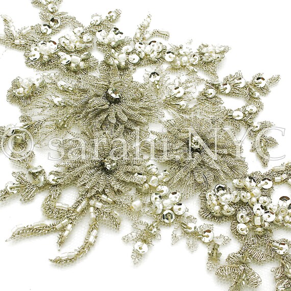 Silver Floral Beaded Applique, Wedding Dress Embellishment  display picture 2