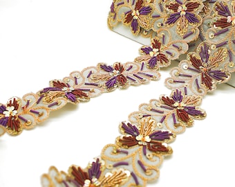 Embroidered Flower Trim, Sequins & Beads, Multi-Color, 1 Yard