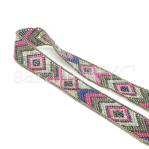 BLUE PINK gray TRIBAL Crystal hot fix trim, 15 inches