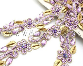LILAC GOLD RHINESTONE beaded trim, trimming,costume, sequin edging,stones, beads,costume,fashion,art,crafts,sewing,embellishment,decoration