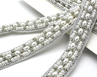 SILVER  PEARL trim with beads and crystals ribbon with beads