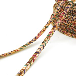 Puede incluir: Un carrete de ribete decorativo con un borde metálico dorado y un patrón de chevrón colorido. El ribete presenta una variedad de colores, incluyendo rojo, verde, amarillo y morado. El ribete probablemente se utiliza para coser, manualidades o embellecer.