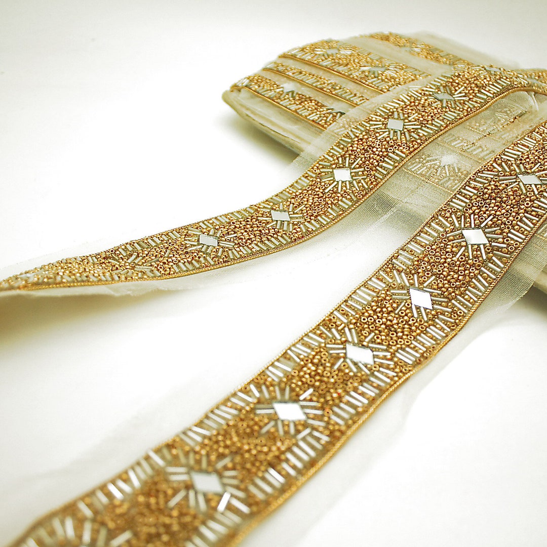 GOLD BEADED Trim With Beads Beaded Ribbon Fabric Mirror Trim Ribbon - Etsy