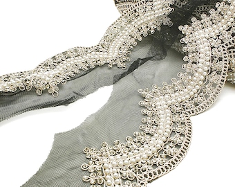 BLACK CRYSTAL pearl TRIM with beads beaded edging beaded trim black silver trim