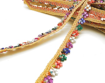 MULTICOLOR FLORAL edging trim with beads multicolor beaded trim
