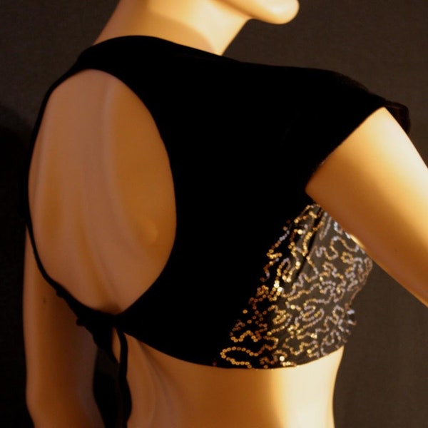 BLACK backless BELLY DANCE costume,velour crop top size 6-14