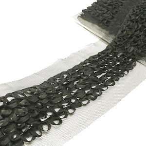 May include: A roll of black decorative trim featuring a sheer, fine-mesh netting base adorned with multiple rows of tightly gathered, circular ribbon loops that create a textured, ruffled appearance across the entire length of the fabric.