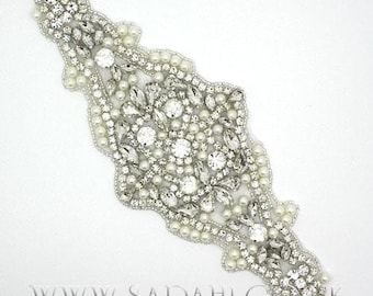 Crystal Pearl Wedding Dress Applique, Silver Rhinestone Motif