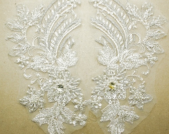 WHITE BEADED BRIDAL applique pair