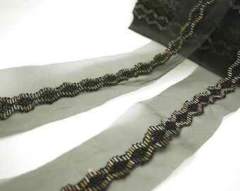BLACK iridescent BEADED trim with mirror trim embellishment craft ribbon