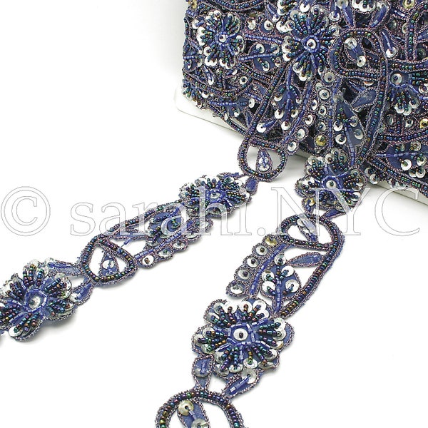 BLUE SILVER FLORAL sewing beaded trim,trimming,costume,sequin edging,stones,beads,fashion,crafts,sewing,embellishment,decoration