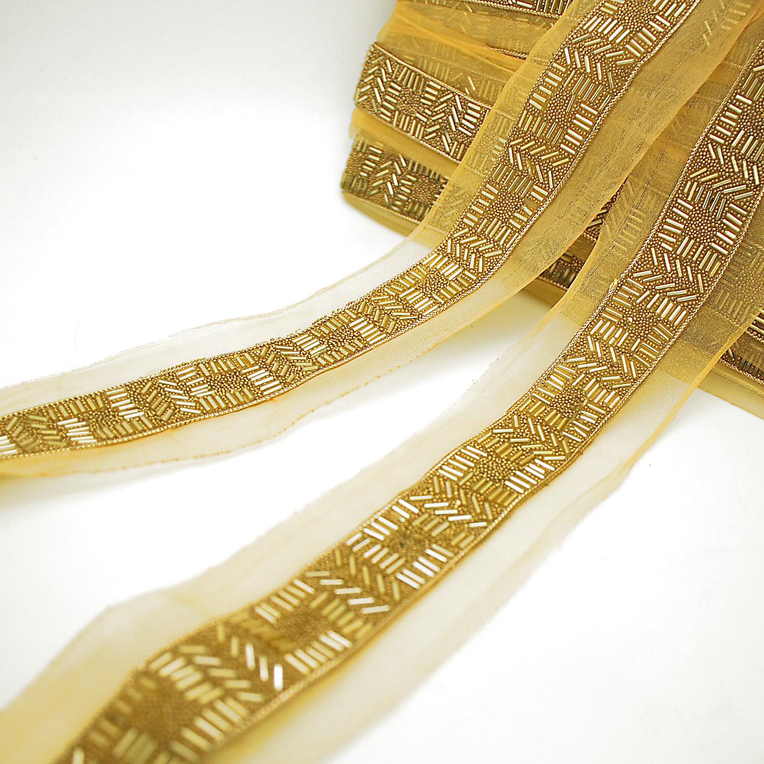 GOLD BEADED Trim With Beads Beaded Ribbon Fabric - Etsy