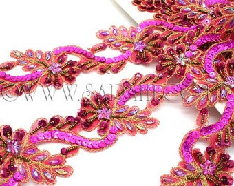 HOT PINK RHINESTONE beaded trim,trimming,costume,sequin edging,stones,beads,fashion,art,crafts,sewing,embellishment,decoration