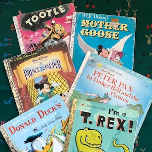 Lot of 6 Little Golden Children&#39;s Picture Books Peter Pan Donald Duck Mother Goose Tootle Train Disney Mickey Mouse as Prince Pauper T. Rex