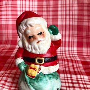 JSNY Taiwan Waving Santa Claus w Sack of Toys Bisque Porcelain Collectible Christmas Bell Decoration Red Green 1980s
