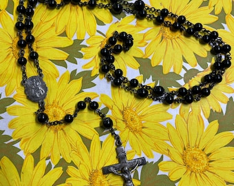 Vintage Creed Sterling Silver Charm Cross Black Bead Rosary