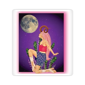 Puede incluir: Una ilustración digital de una mujer con cabello rosado y cabeza de cabra, vistiendo una blusa roja y una falda azul a cuadros. Está arrodillada en un campo de plantas verdes bajo una luna llena.