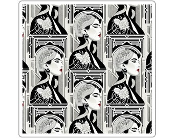 May include: A black and white repeating pattern featuring a stylised illustration of a woman with a geometric headdress and a rose. The background is a geometric pattern.