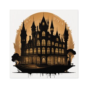 May include: A black silhouette of a large, ornate house with many windows, set against a golden circular background with the words "NIGHT" and "RAIN" inscribed. The house is perched on a dark, boat-shaped platform.