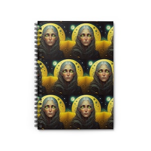 May include: A repeating pattern of a woman with long dark hair and green eyes, set against a background of yellow moons and a dark starry sky.