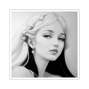 Könnte beinhalten: Eine Schwarzweißzeichnung einer Frau mit langen Haaren und einem sternförmigen Haarschmuck. Sie trägt einen einfachen Ohrring.