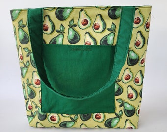 Avocado Tote Bag- Reversible Tote Bag, Avocado Bag, Green Tote bag, Two Pocket Tote, Sturdy Tote Bag, Large Tote Bag, Large Bag, cute tote