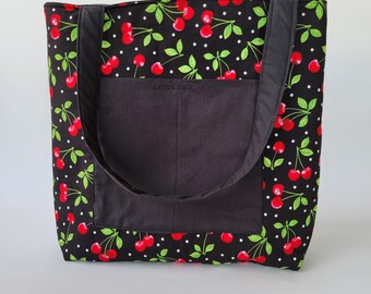 Cherry Tote Bag- Reversible Tote Bag, Cherry Bag, Black Tote Bag, Two Pocket Tote, Sturdy Tote Bag, Large Tote Bag, Large Bag, cute tote