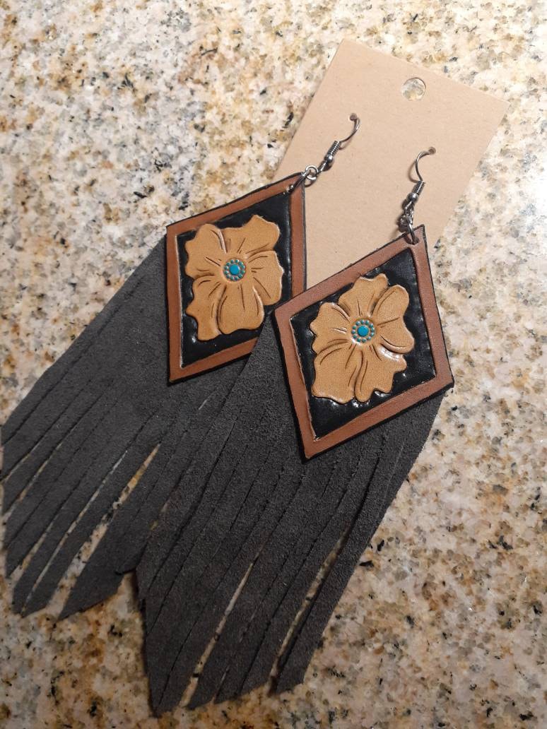 Tooled Leather Fringe Earrings Etsy