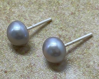 7 mm Size (Approx.) Real Freshwater Pearl Earrings With 925 Sterling Silver I Button Shape | Gray Color I AA Luster I Personalized Gift