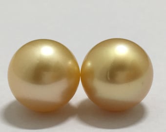 14 MM (Approx.) Luster AA Golden Color Round Shape Size Beautiful Real South Sea Pearl or Pair Personalize Gift Seawater Pearl