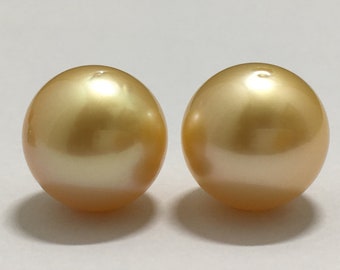 14.75 MM (Approx.) Size Golden Color Round Shape  Natural Real South Sea Pearl of Pair Good Luster Personal Gift Seawater Pearl