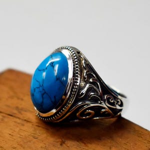 Men&#39;s Handmade Turquoise Ring, Turkish Ottoman Style Ring, 925 Sterling Silver Ring, Vintage Statement Ring, Gift for Him, Ethnic Jewelry