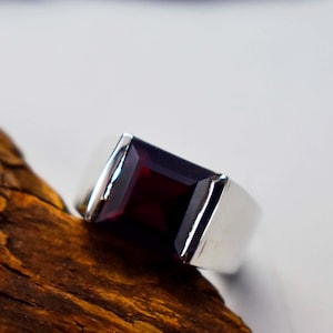 Square Red Garnet Ring: Sterling Silver Unisex Wedding Band