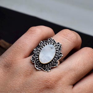 Handmade Sterling Silver Mother of Pearl Ring: Boho Gemstone