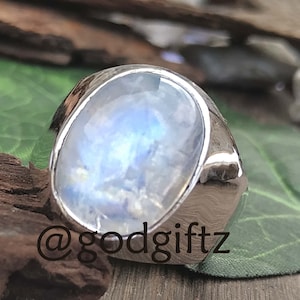 Handmade Rainbow Moonstone Signet Ring: 925 Sterling Silver