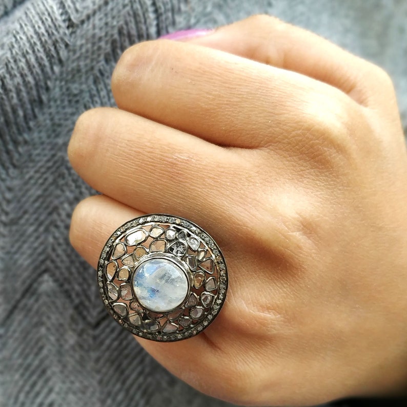 Black Rhodium Ring Diamond Jewelry Vintage Ring Vintage Jewelry AAA Diamond Ring Designer Ring Rainbow Moonstone Ring Round Big Ring