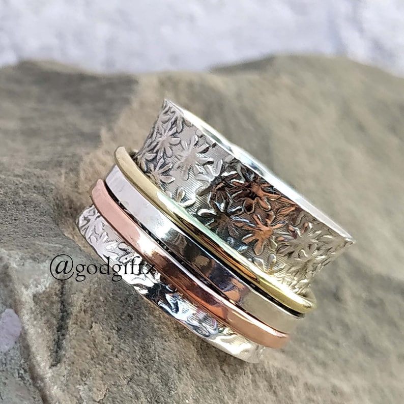 Flower Texture Ring Worry Band Ring Three Band Spinner Ring 925 Sterling Silver Jewelry Thumb Spinner Ring Gift Silver Spinner Ring