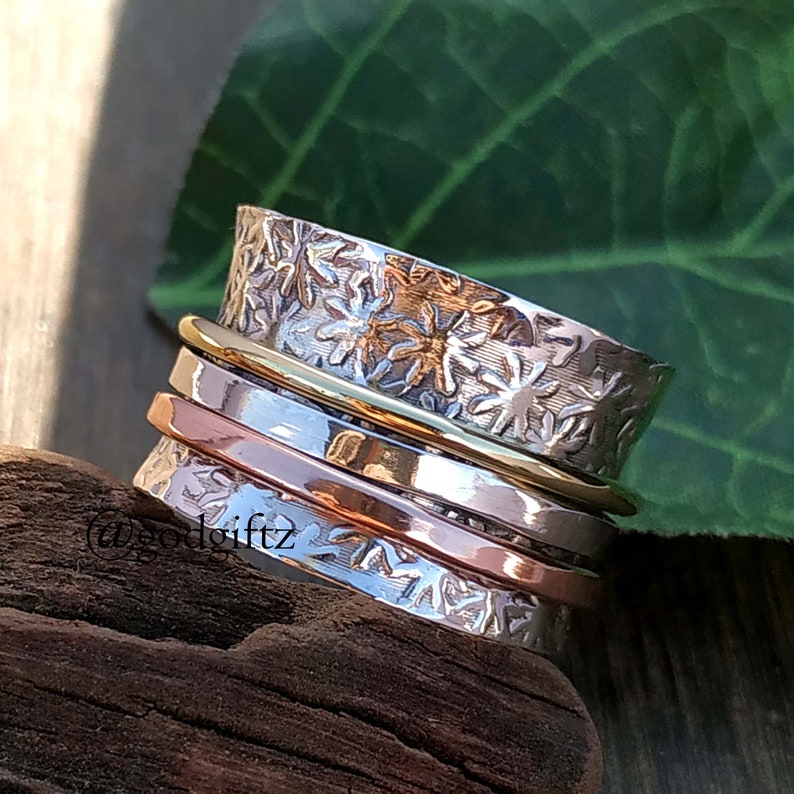 Flower Texture Ring Worry Band Ring Three Band Spinner Ring 925 Sterling Silver Jewelry Thumb Spinner Ring Gift Silver Spinner Ring
