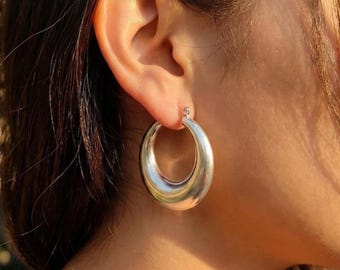 Chunky Sterling Silver Hoop Earrings, Bold Thick Statement Hoops, Polished Minimalist Jewelry