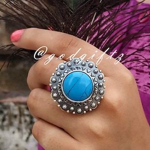 Boho Turquoise Ring | 925 Sterling Silver Ring | Blue Turquoise Ring | Blue Ring | Vintage Rings | Big Turquoise Ring | Turquoise Jewelry
