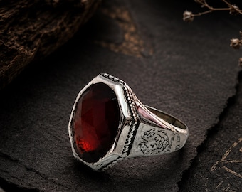 Men's Lion Signet Ring, Natural Hessonite Garnet, Sterling Silver, Vintage Gothic Statement Jewelry