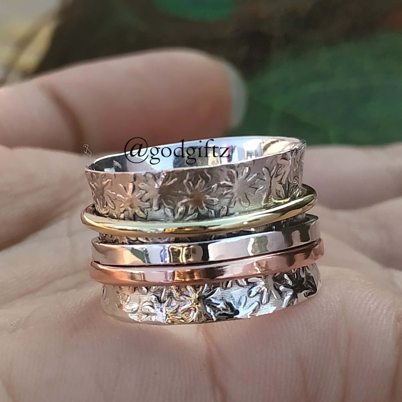 Flower Texture Ring Worry Band Ring Three Band Spinner Ring 925 Sterling Silver Jewelry Thumb Spinner Ring Gift Silver Spinner Ring