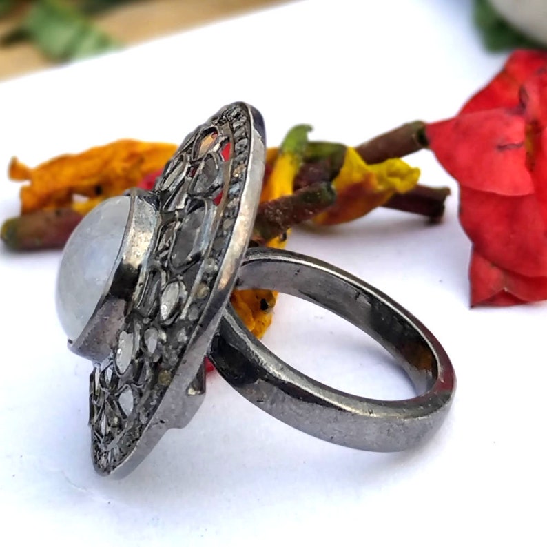 Black Rhodium Ring Diamond Jewelry Vintage Ring Vintage Jewelry AAA Diamond Ring Designer Ring Rainbow Moonstone Ring Round Big Ring