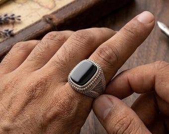 Men's Black Onyx Ring, 925 Sterling Silver Statement Ring, Arabic Style Designer Jewelry